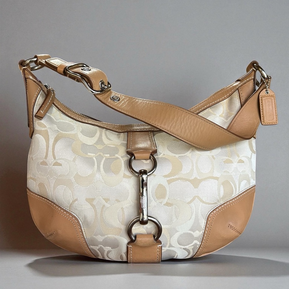 COACH Hamptons Signature Jacquard Hobo Beige Cream w Tan Leather, L0768-11811 - Picture 3 of 12